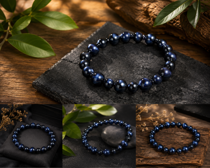 Bracelet en Perle Noir Avec Reflet Bleu Nuit