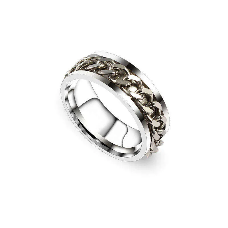 Bague en acier avec chaine couleur argent