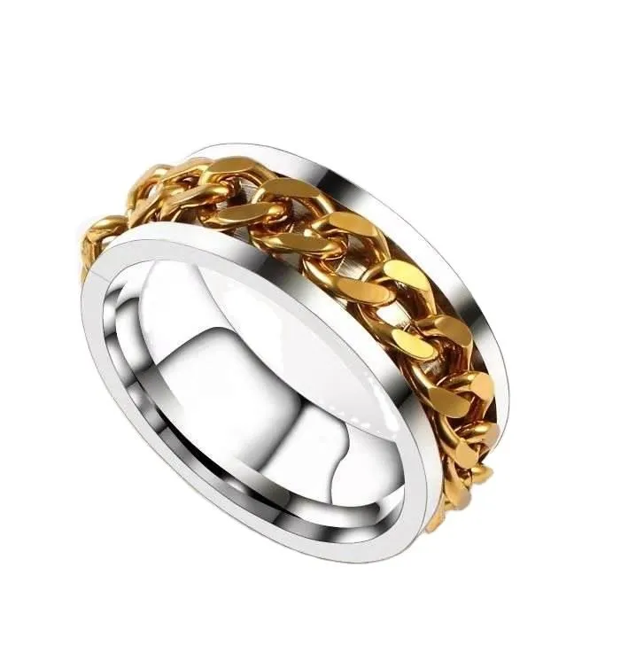 Bague en acier avec chaine couleur or